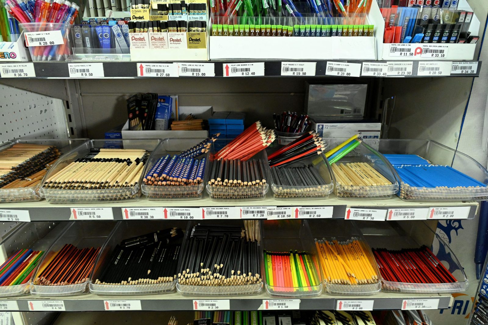 Fully stocked shelves featuring products for students, teachers and businesses
