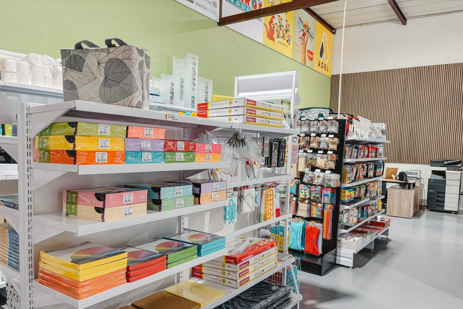 Well-organised display of school and office products available in-store